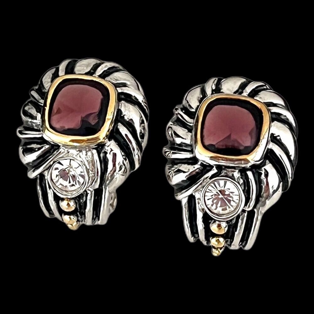 Vintage 1980s Sculpted Cable Clip Earrings Purple Stone Two Tone - 4C